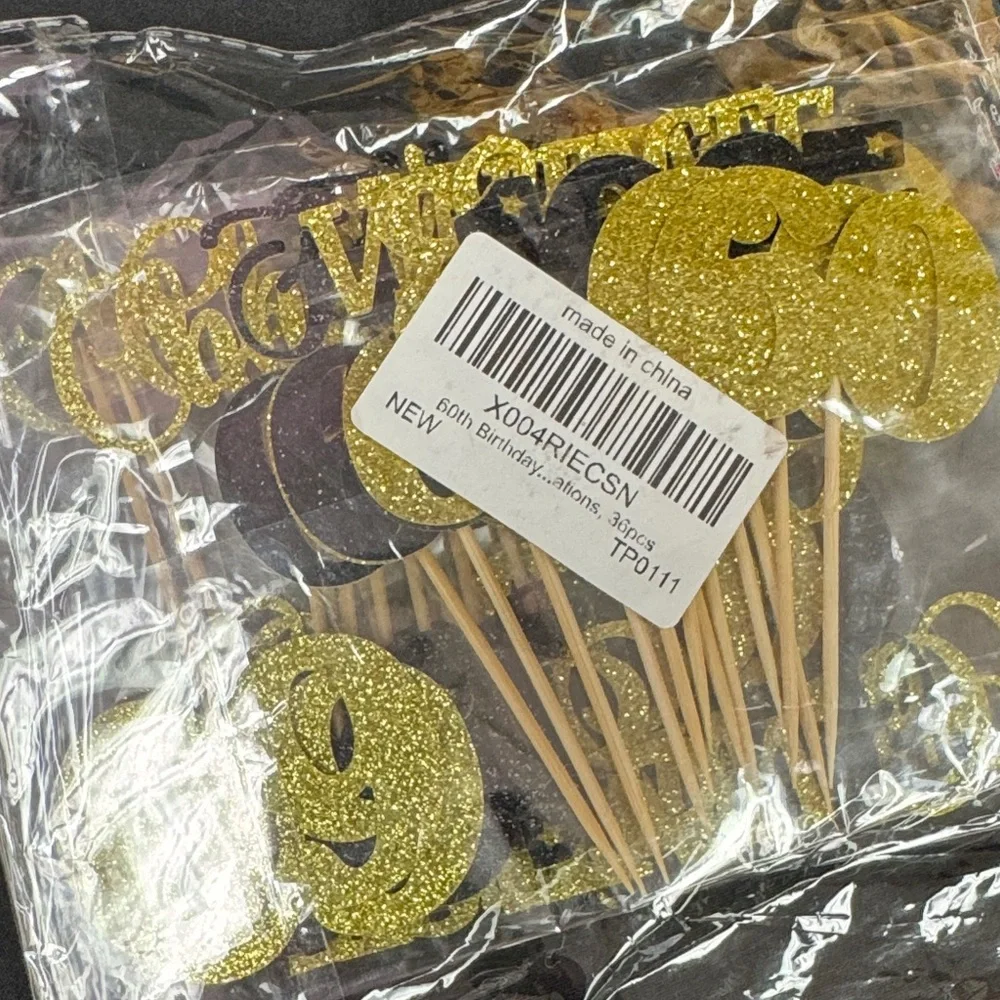 Gold and Black Glitter 60th Birthday Cake Toppers toothpicks 36 pieces new